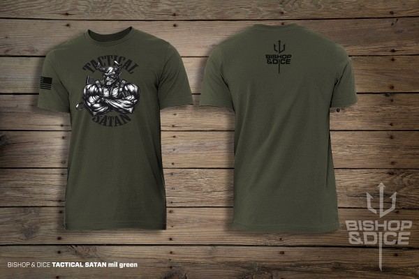 Bishop & Dice Tactical Satan t-shirt, mil green, front and back