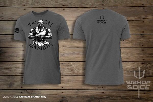 Bishop & Dice Tactical Ghandi t-shirt, gray, front and back